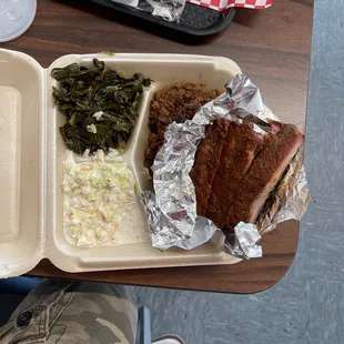 Ribs with brisket, collard greens and coleslaw.