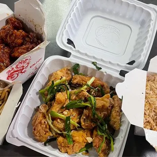 Salt Pepper Wings, Orange Chicken, Beef Noodle, and Fried Rice