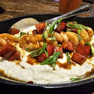 shrimp and grits in a skillet