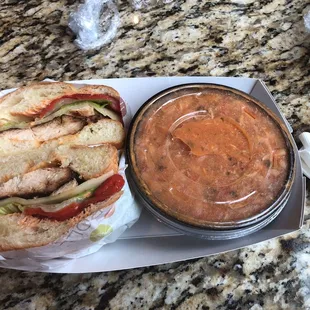 Chicken sandwich and white bean soup