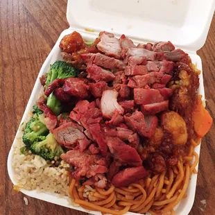 3 item combo with bbq pork, broccoli beef, and orange chicken