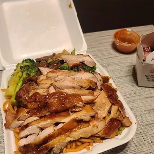 Teriyaki Chicken, Broccoli Beef, Char Siu (BBQ Pork), Chow Mein