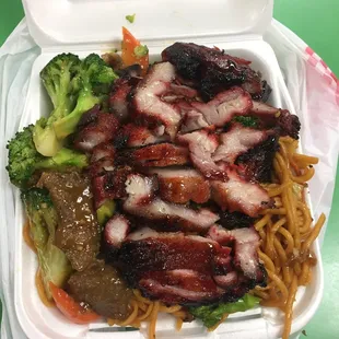 Combo B with Chow Mein, Beef Broccoli, and BBQ Pork ($6.79)