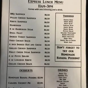 a menu for the express lunch menu