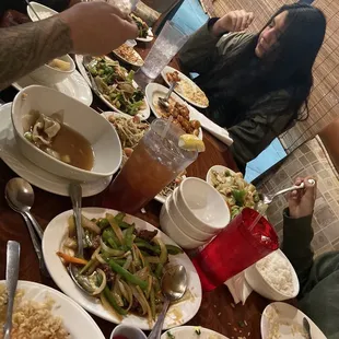 Hong Kong pan fried noodle , twice cooked pork , wor won ton soup , spicy beef , veg medley , chicken fired rice