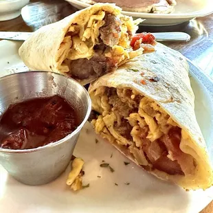 MEAT, MEAT, MEAT burrito (steak, bacon, sausage, egg, and I got light cheese), yummy!!