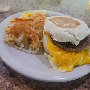 English Muffin breakfast sandwich with hashbrowns