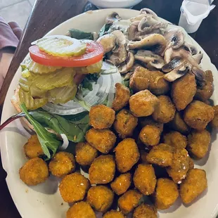 Mushroom Swiss burger with fried okra which was really good! Love the seasoning.