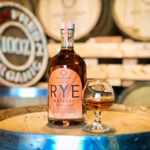 a bottle and a glass of rye