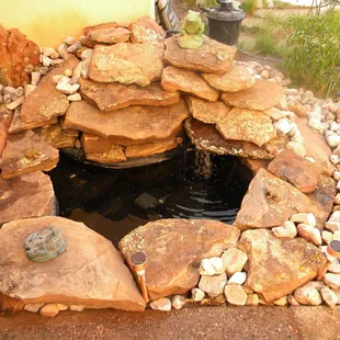 a small pond with rocks