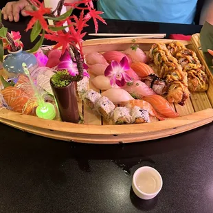 Sushi boat beautifully decorated.