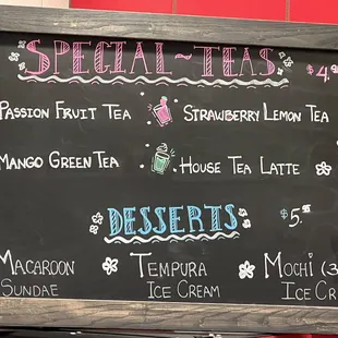 Tea and dessert menu
