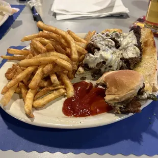 Swiss Beef sandwich with beer battered fries.