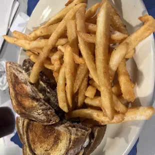 Patty melt with beer battered fries