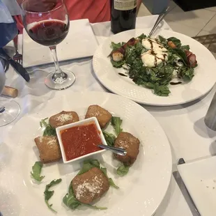 Fried pasta app and spinach salad - both good