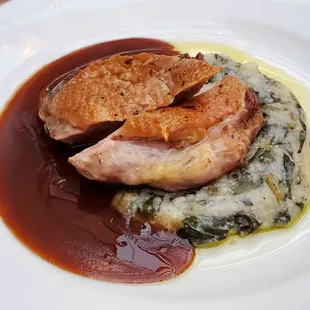 Duck Breast with white polenta with spinach