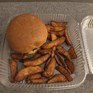 Fire hamburger and that's how the fries came. I guess it's whatever they had left over from another order or something.