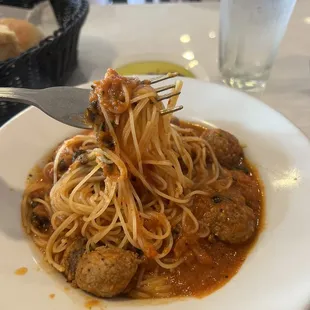 Angel hair with meatballs and marinara