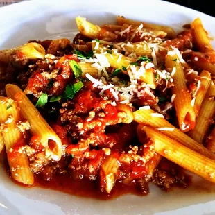 Pasta and beef in Bolognese sauce