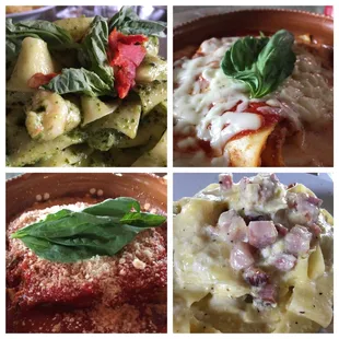 Parpardelle pesto gamberi, lasagna, parmigiana di melanzane, e parpardelle carbonara. Lunch with family...yum!