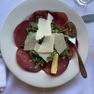 a plate of meat and cheese