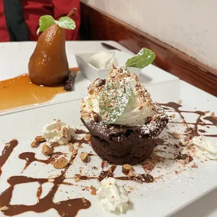Pera Cotta al Marsala (back) &amp; Torta Caprese (front) | IG: @nomwithelaine