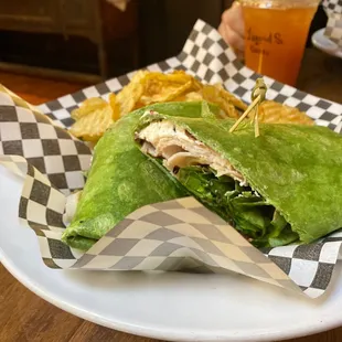 Turkey Cranberry Wrap with liquid sunshine drink