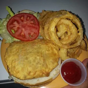Crab burger w/ onion rings