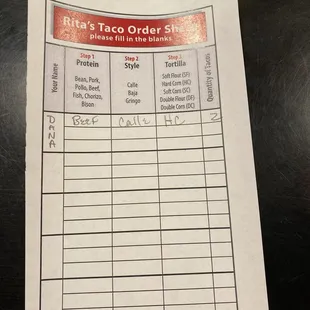 Order for tacos