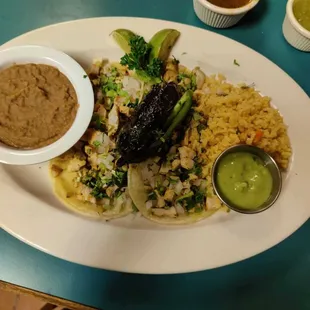 4 Chicken Street Taco, refried beans and rice