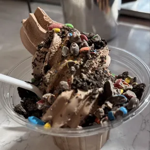 Chocolate custard with m&amp;ms and Oreo.