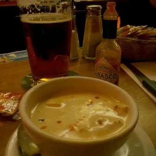 Lobster bisque. Add Tabasco and crackers... and a beer!