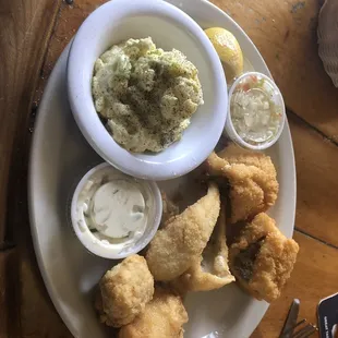 Pick three fish fry. Cod, perch, walleye, tater salad, coleslaw.