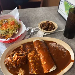 Combination 4 beef enchilada, chicken burrito, tostada, chicharones