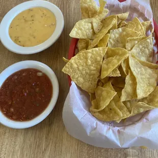 Complimentary chips salsa and queso
