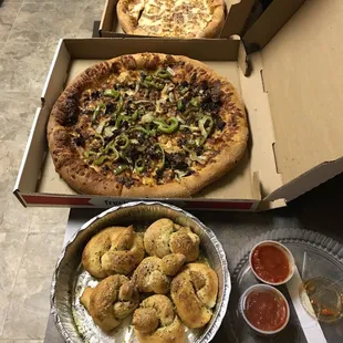 Cheesebread, Garlic Knots, Philly Steak Pizza