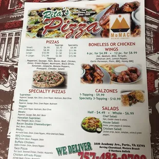 Menu side 1; pizza, wings, calzones, salads...