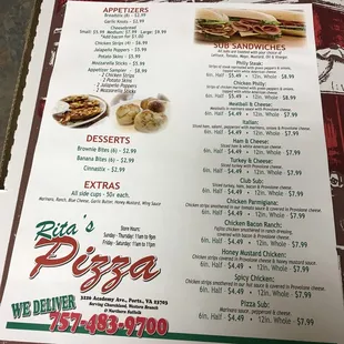 Menu side 2; appetizers, desserts, subs, extras