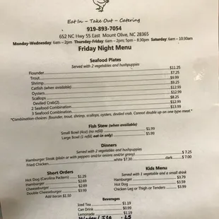 Friday night menu