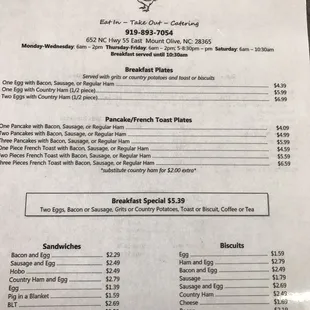 menu for breakfast specials