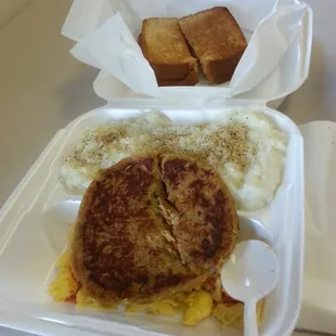 Salmon cake, grits, scrambled eggs.. $5