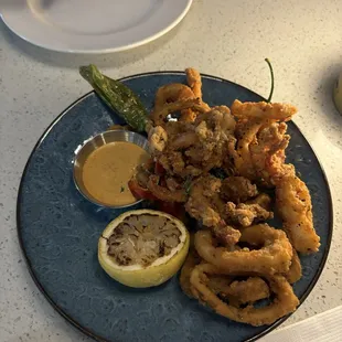 Calamari-spicy but good.