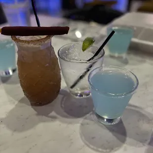 Tamarindo margarita, Tito&apos;s tonic with lime, Otter pop shot
