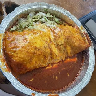 Red &amp; green chili mixed burrito enchilada style