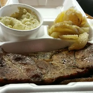 Sliced pork shoulder, fried potatoes and potato salad: $8.14 with drink and tax.