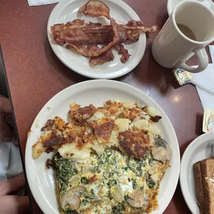 Florentine omelette with side of bacon, drip coffee