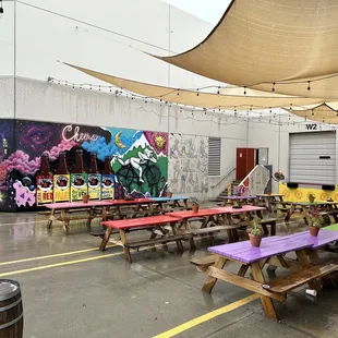 tables and umbrellas in an outdoor area