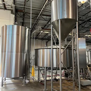 stainless steel tanks in a brewery
