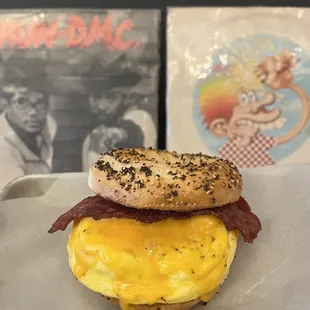 Turkey Bacon, Egg, and Cheese on an Everything Bagel with RIN-DMC and the Grateful Dead