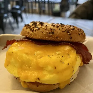 Turkey Bacon, Egg, and Cheese on an Everything Bagel